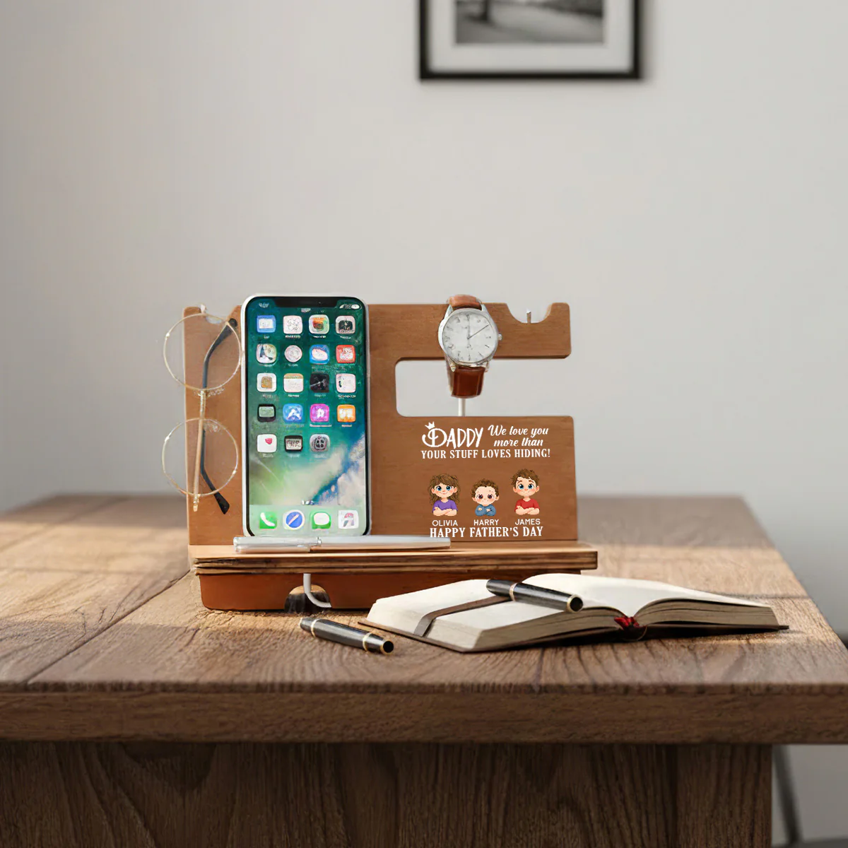 We Love You More Than Your Stuff - Personalized Custom Wood Phone Docking Station - Image 4