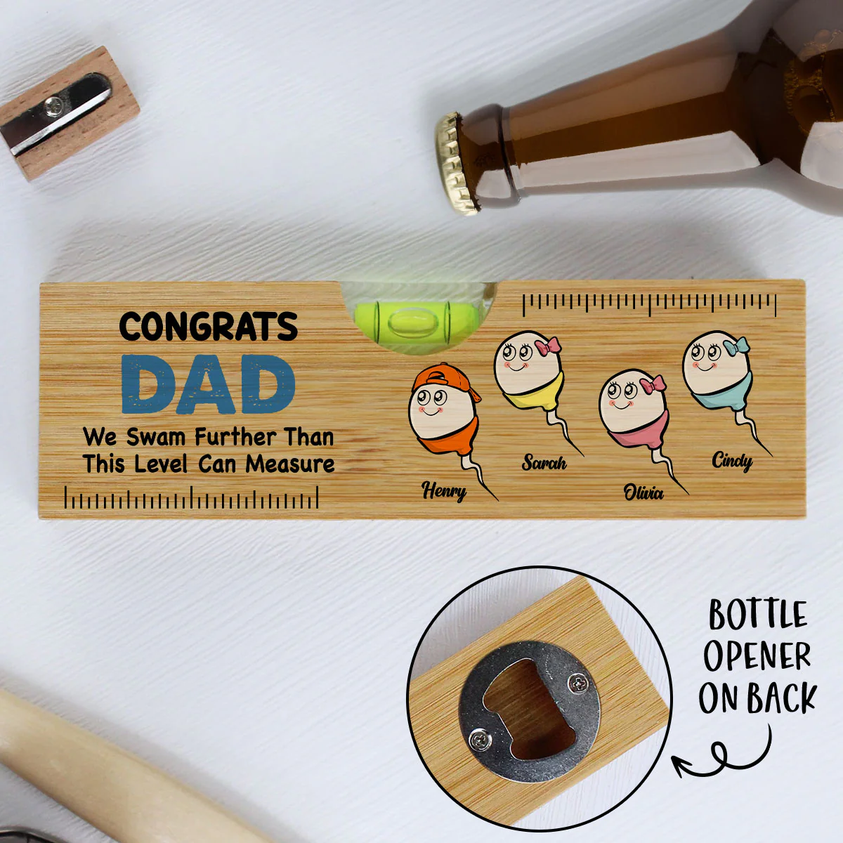 We Swam Further Than This Level Can Measure - Personalized Custom Wooden Spirit Level Bottle Opener