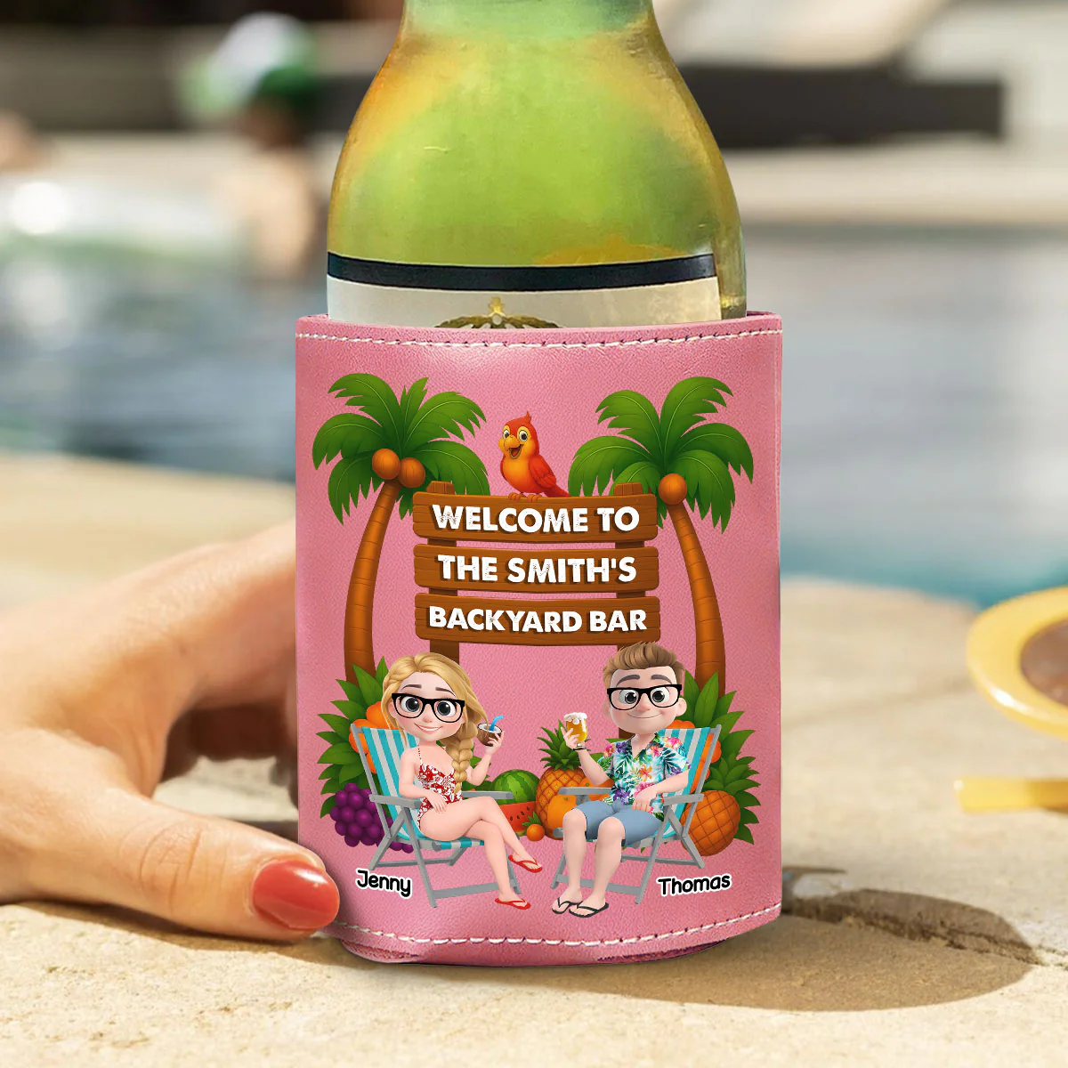 Welcome To Our Tiki Bar - Personalized Custom Pink Leather Can Cooler Holder - Image 2