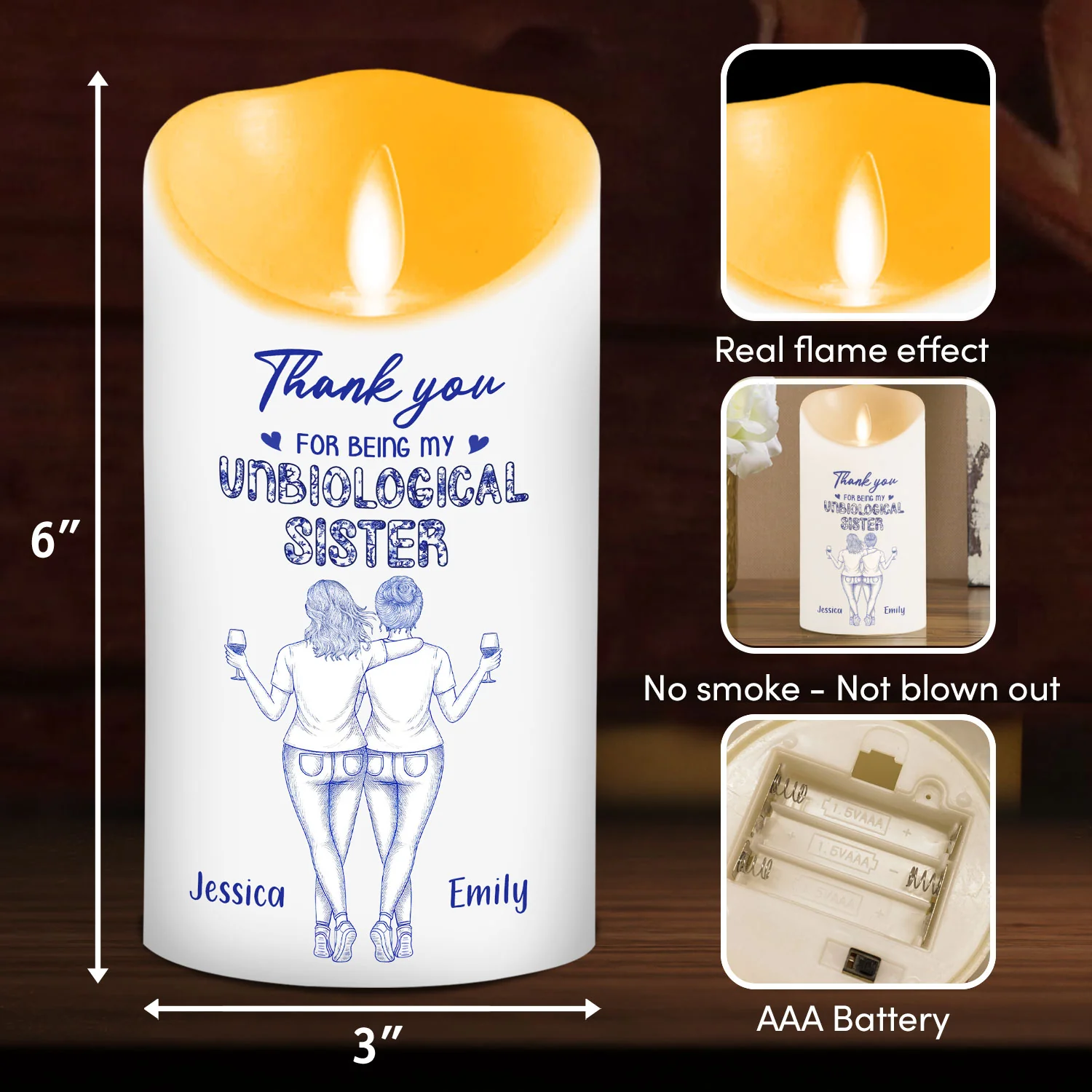 Where Friends Become Sisters Blue Toile - Personalized Custom LED Candle - Image 6