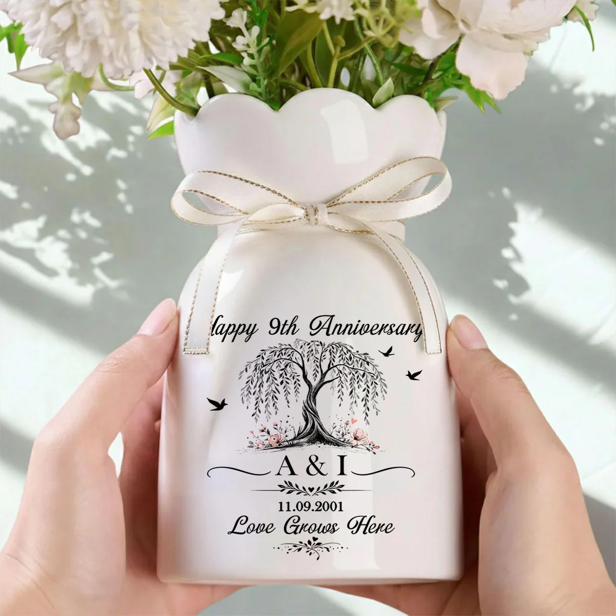 You And Me Love Grow Here - Personalized Custom Ribbon Tie Flower Vase - Image 4