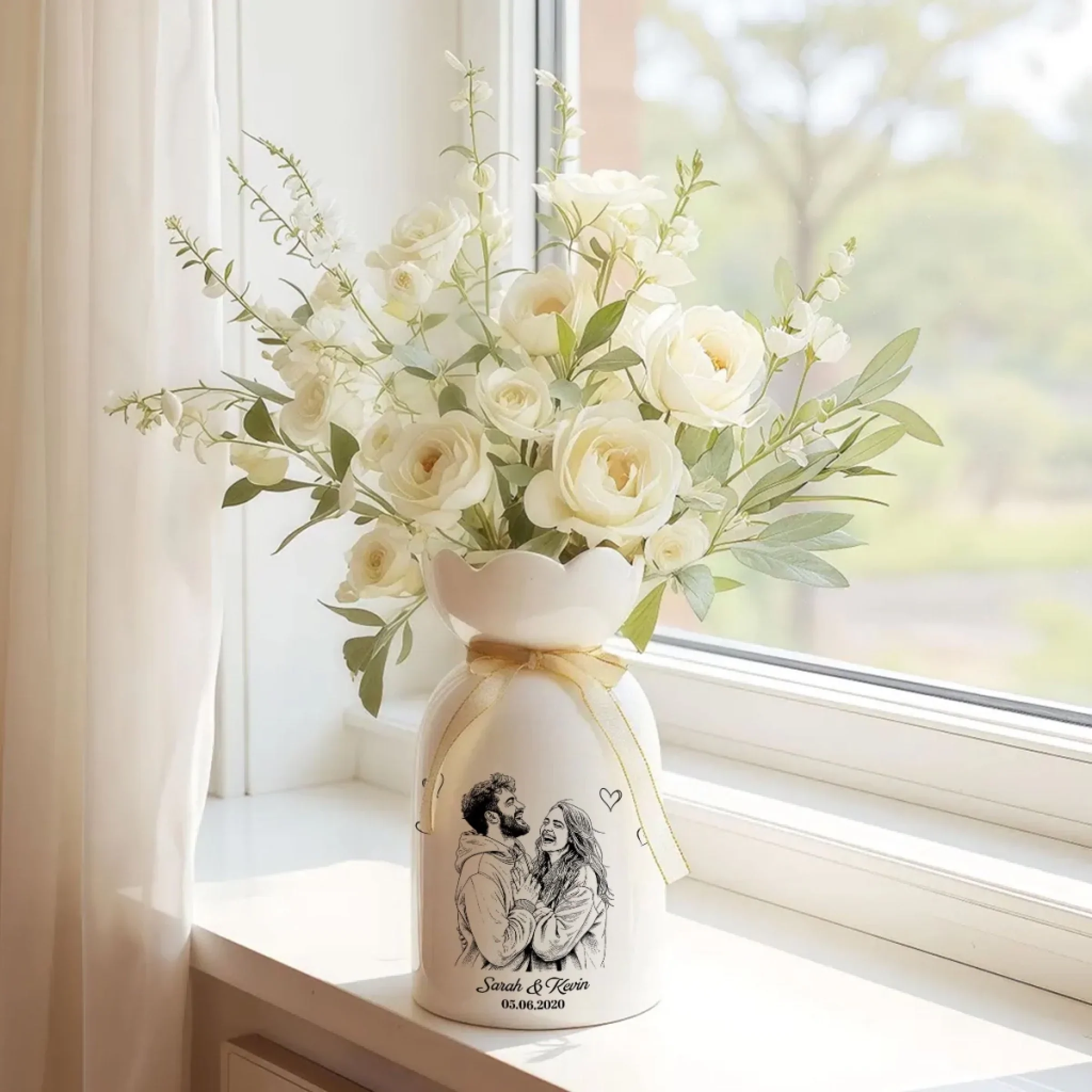 You And Me Pencil Sketch - Personalized Custom Ribbon Tie Flower Vase - Image 2