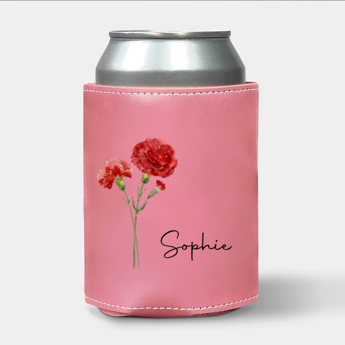 You Are The Most Beautiful Flower - Personalized Custom Pink Leather Can Cooler Holder - Image 7